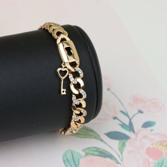 "Rose Gold Heart Lock Key Charm Bracelet with Sparkling Links, XPBL0914 - Picture 10 of 13
